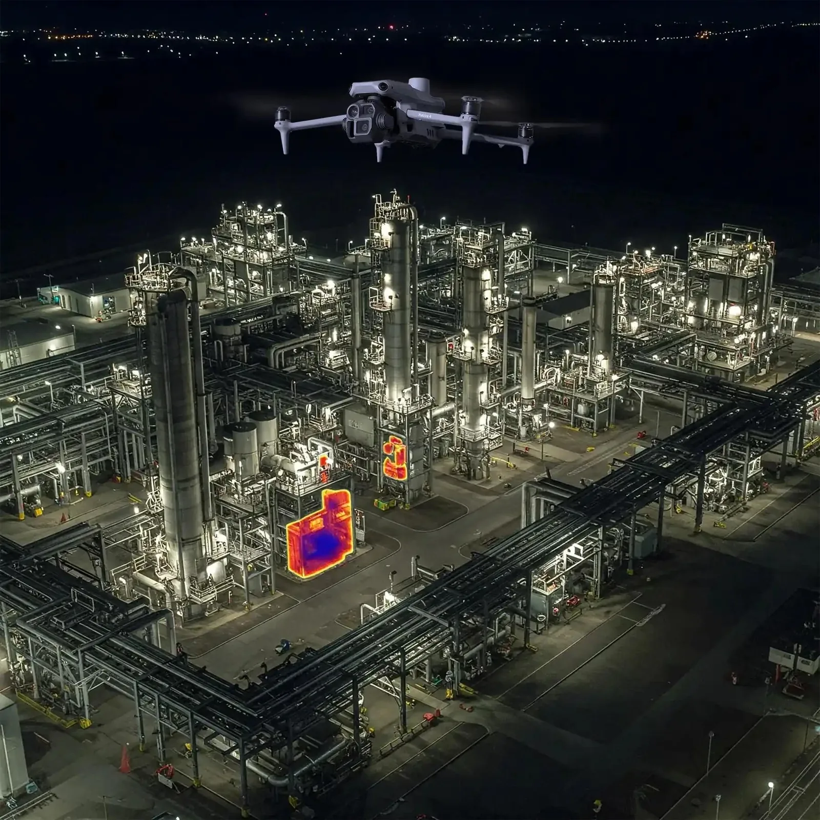 Drone flying over an industrial facility at night with thermal imagery highlighting heat signatures on the ground