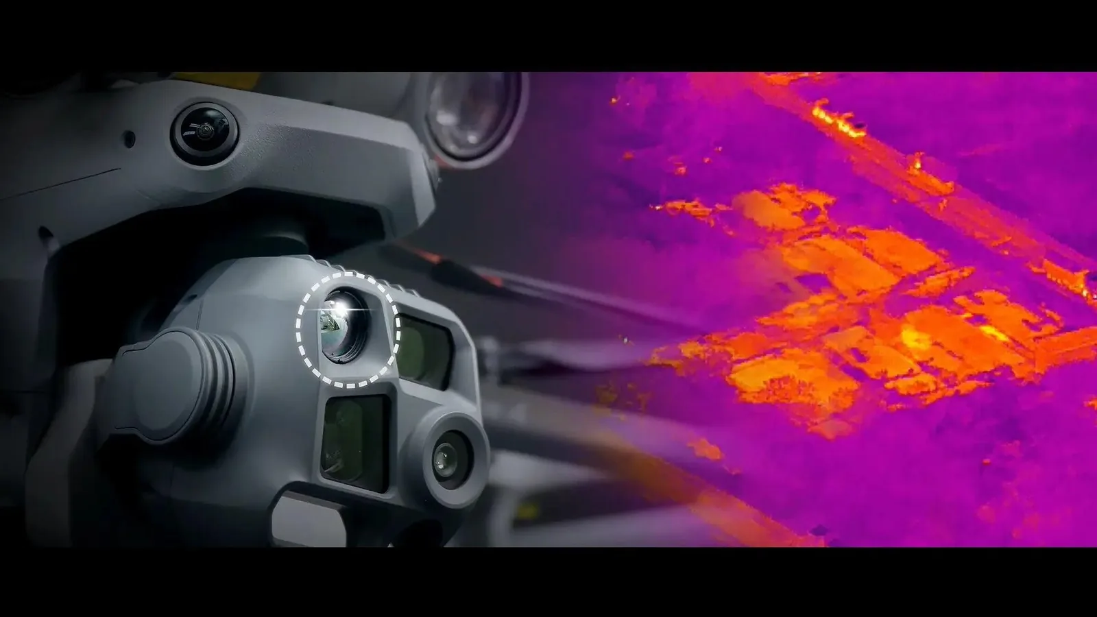 Close-up of a drone's dual-camera thermal sensor with a thermal image of terrain alongside