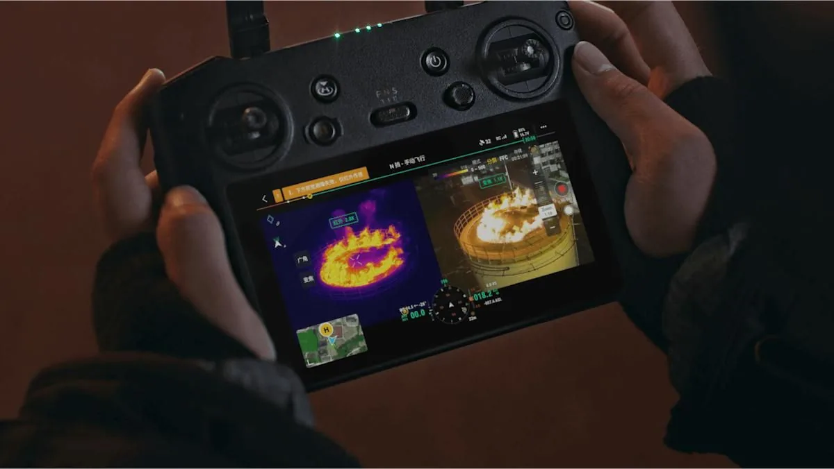 Pilot holding a drone controller displaying live thermal imagery of a heat source on the ground