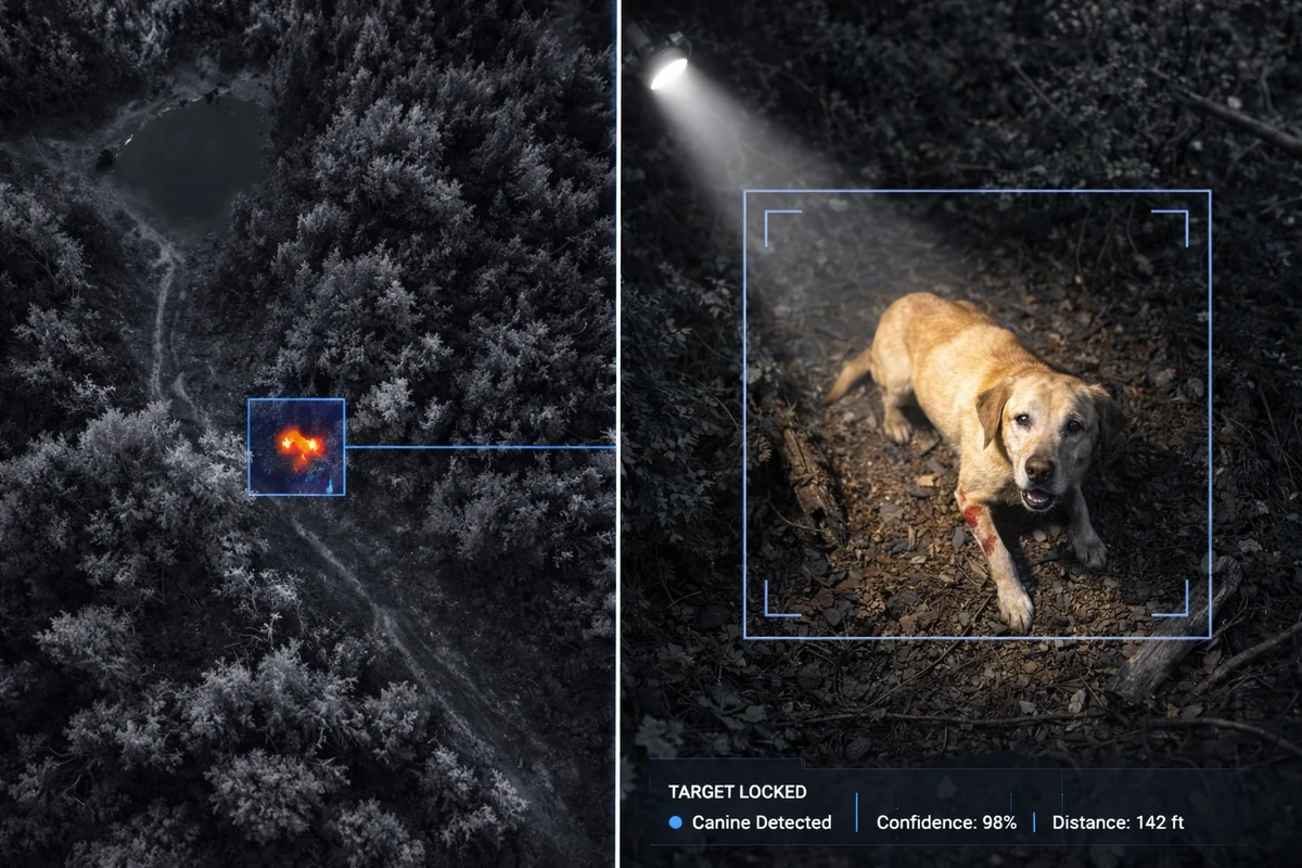 Aerial thermal detection of a lost dog in forest with target lock and canine detection detail